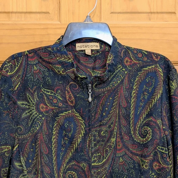 Notations Womens Large Jacket Blazer Green Red Paisley Full Zip Peplum Boho Fall - Picture 2 of 10